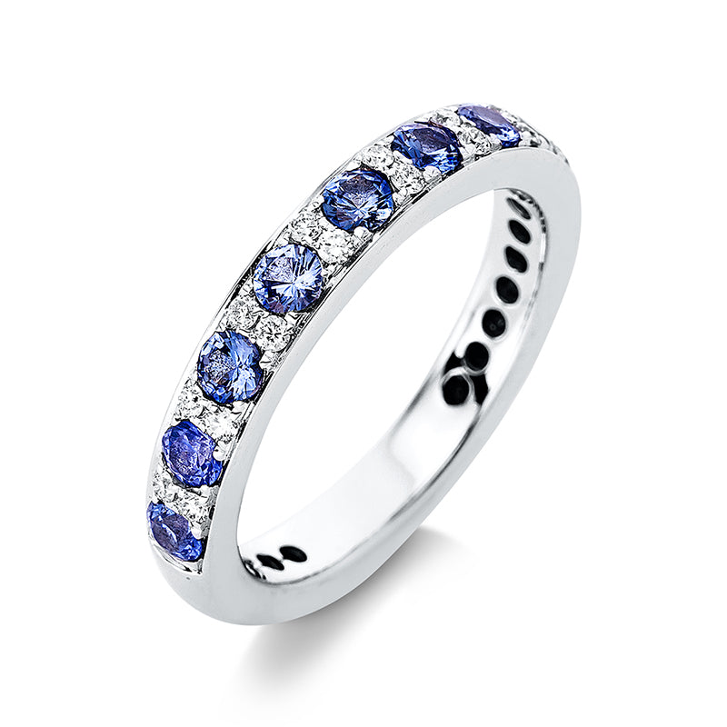 Ring 18 kt WG, 16 Brill. 0,14 ct, TW-vsi, 9 Saphire 0,75 ct blau
