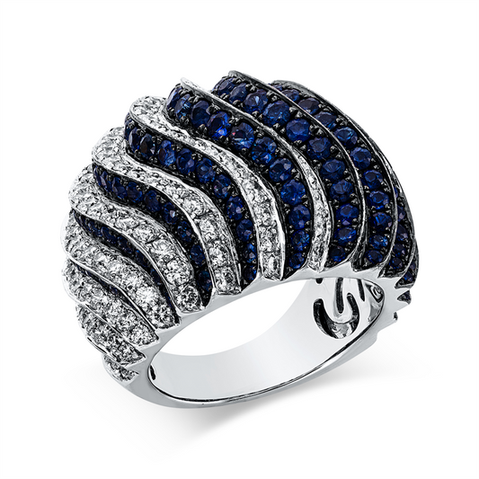 Ring 18 kt WG, 87 Brill. 1,74 ct, TW-vsi/si, 62 Rubine 1,70 ct rot, 149 Saphire 3,70 ct blau