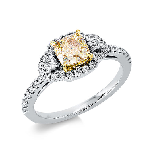 Ring 18 kt WG+GG, GIA1159697106, 2 Brill. 0,10 ct, TW-si, 1 Cushion 0,90 ct, gelb-si, 36 Brill. 0,22 ct, F-si