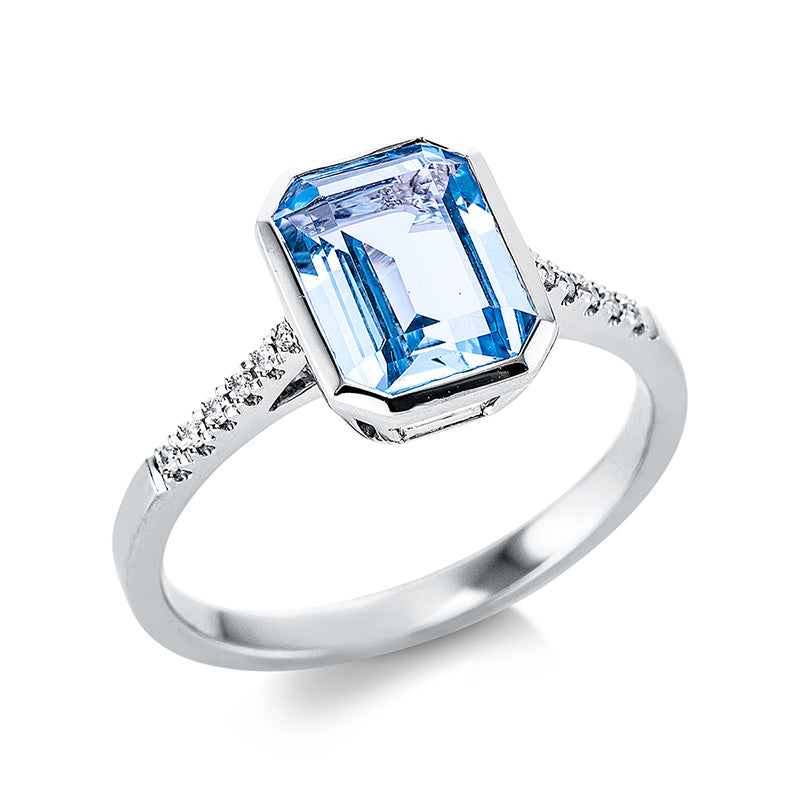 Ring 18 kt WG, 12 Brill. 0,05 ct, TW-si, 1 Topas 2,30 ct sky blue