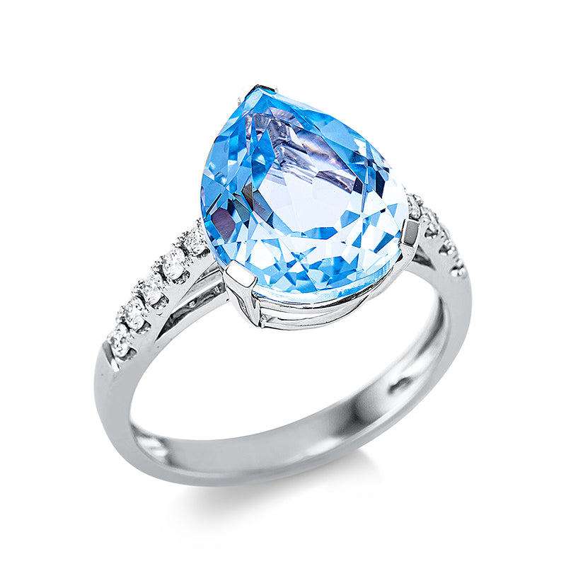 Ring 18 kt WG, 10 Brill. 0,22 ct, TW-si, 1 Topas 5,90 ct sky blue
