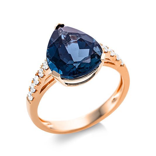 Ring 18 kt RG, 10 Brill. 0,22 ct, TW-si, 1 Topas 4,60 ct Lond. blue