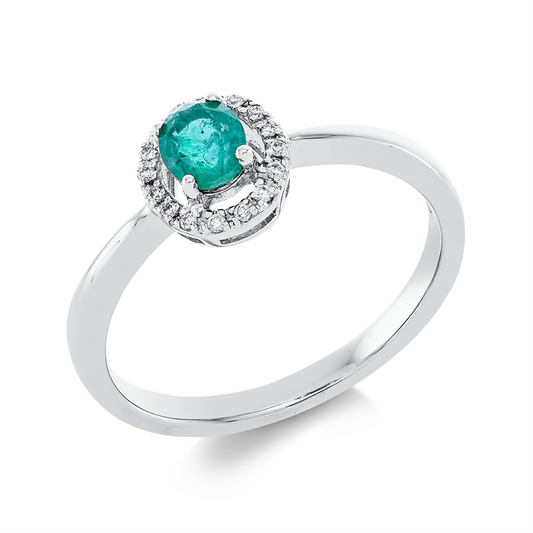 Ring 18 kt WG, 16 Brill. 0,05 ct, TW-pi, 1 Smaragd 0,35 ct grün