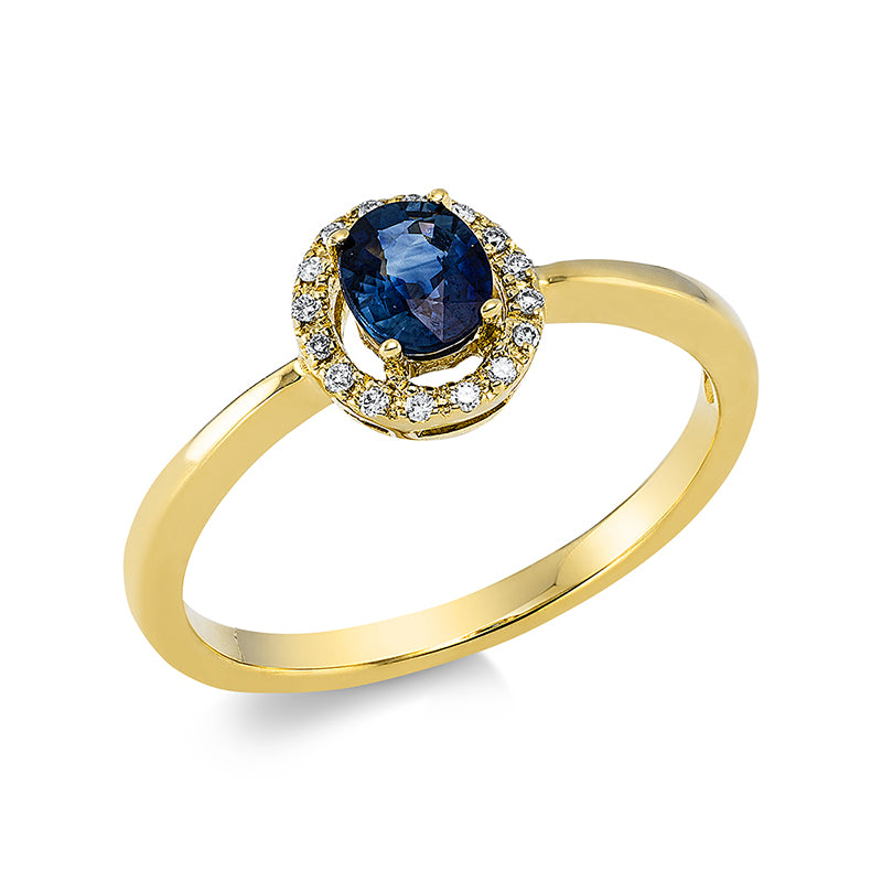 Ring 18 kt GG, 16 Brill. 0,05 ct, TW-pi, 1 Saphir 0,45 ct blau