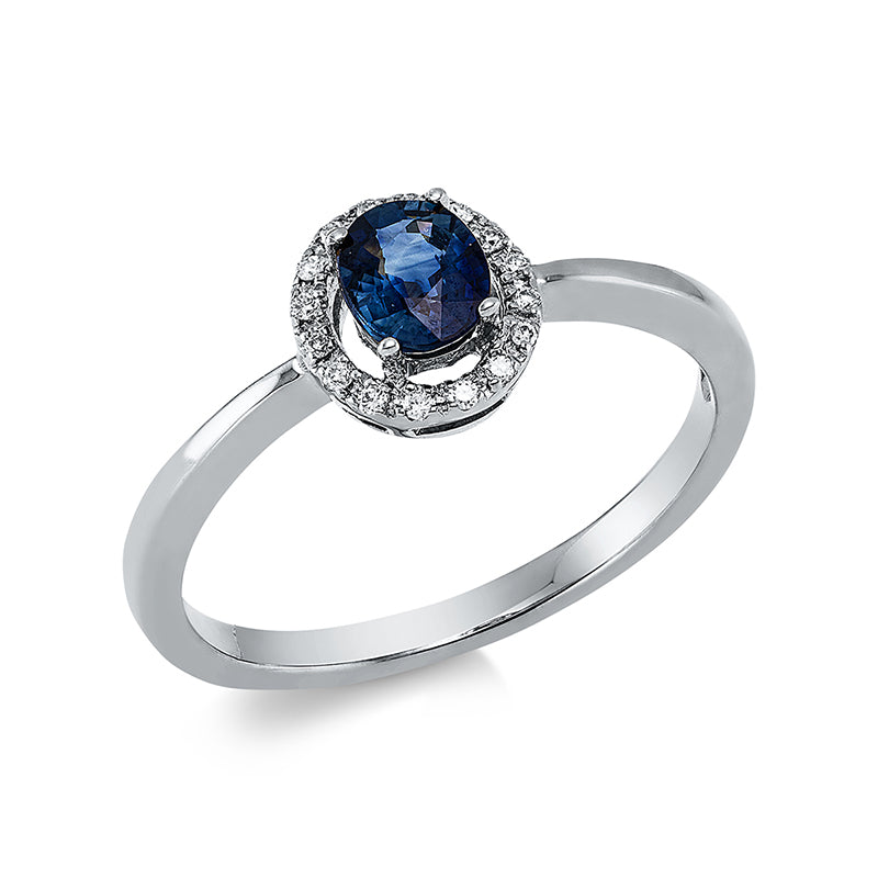 Ring 18 kt WG, 16 Brill. 0,05 ct, TW-pi, 1 Saphir 0,37 ct blau