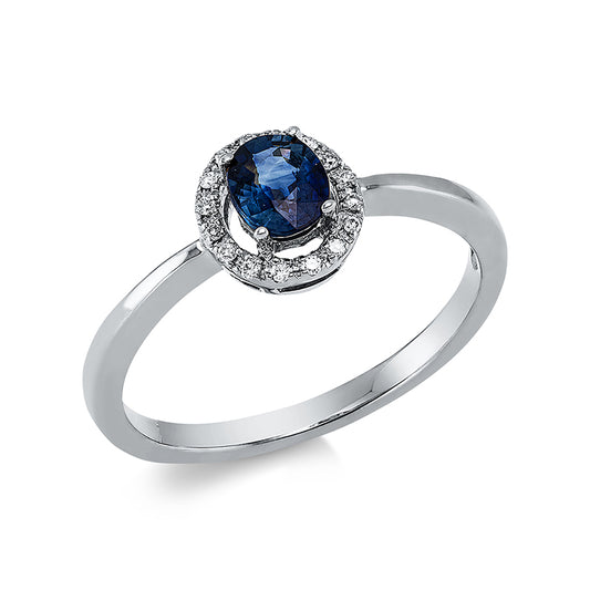 Ring 18 kt WG, 16 Brill. 0,05 ct, TW-pi, 1 Saphir 0,37 ct blau