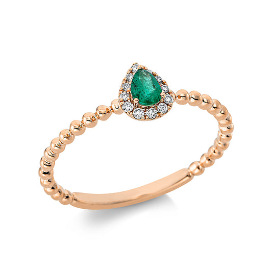 Ring 18 kt RG, 12 Brill. 0,05 ct, TW-pi, 1 Smaragd 0,14 ct grün