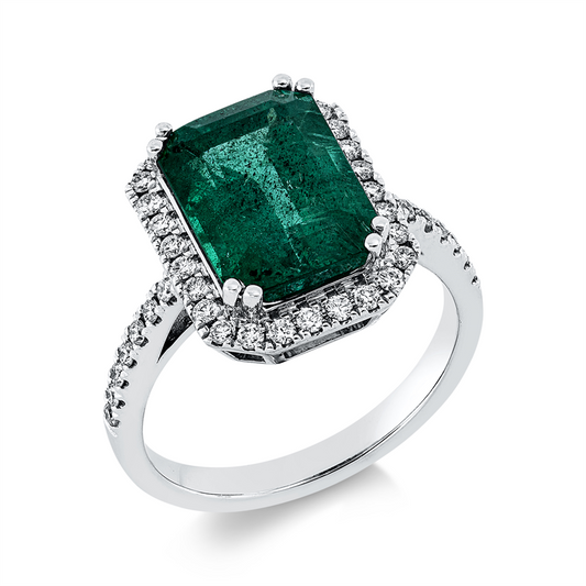 ABVERKAUF, Ring 18 kt WG, 42 Brill. 0,37 ct, TW-vsi/si, 1 Smaragd 4,10 ct grün