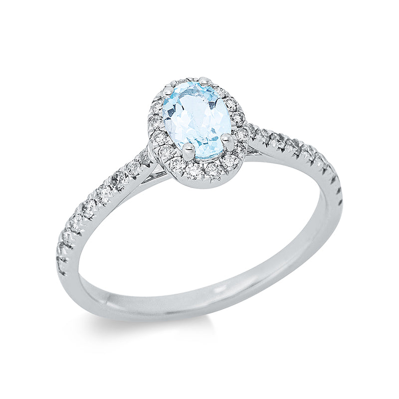 Ring 18 kt WG, 34 Brill. 0,27 ct, TW-si, 1 Topas 0,52 ct sky blue