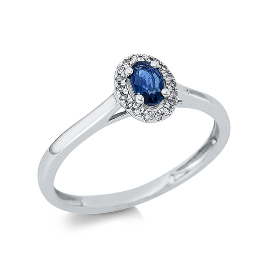 Ring 18 kt WG, 16 Brill. 0,05 ct, TW-si, 1 Saphir 0,32 ct blau