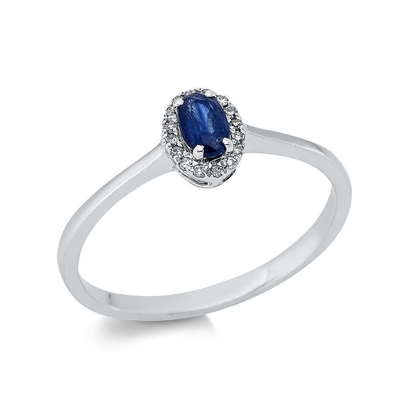 Ring 18 kt WG, 16 Brill. 0,05 ct, TW-si, 1 Saphir 0,29 ct blau