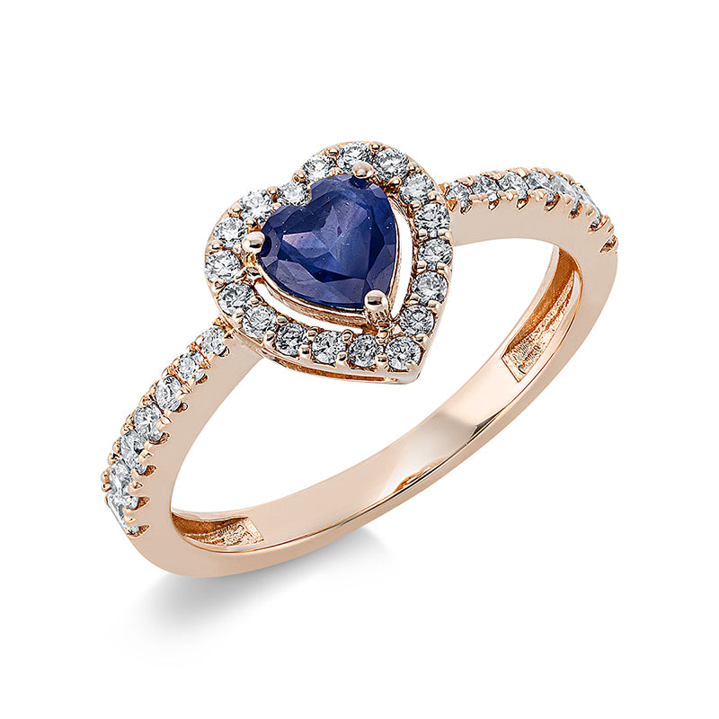Ring 18 kt RG, 32 Brill. 0,33 ct, TW-si, 1 Saphir 0,50 ct blau