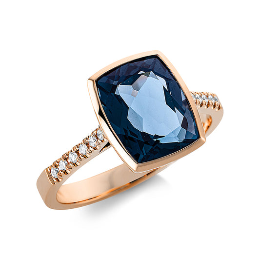 Ring 18 kt RG, 12 Brill. 0,08 ct, TW-si, 1 Topas 4,00 ct Lond. blue