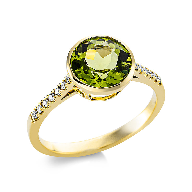 Ring 18 kt GG, 14 Brill. 0,09 ct, TW-si, 1 Peridot 2,40 ct grün