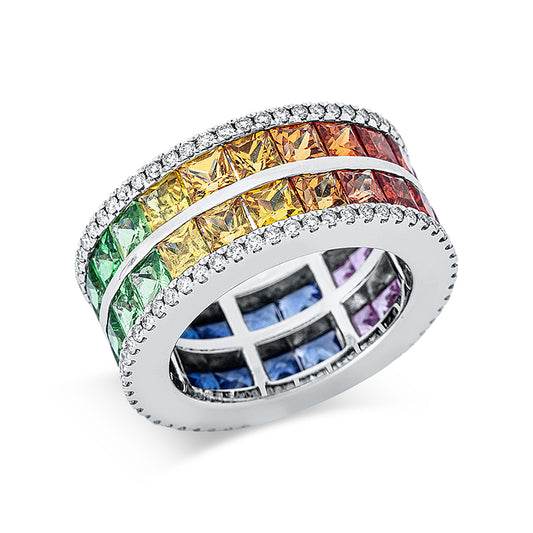 Ring 18 kt WG, 110 Brill. 0,79 ct, TW-si, 44 Saphire 9,91 ct multicolor