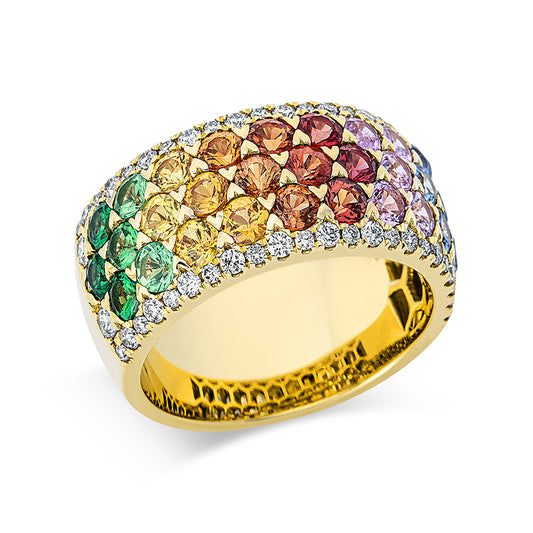 Ring 18 kt GG, 50 Brill. 0,62 ct, TW-si, 31 Saphire 3,48 ct multicolor