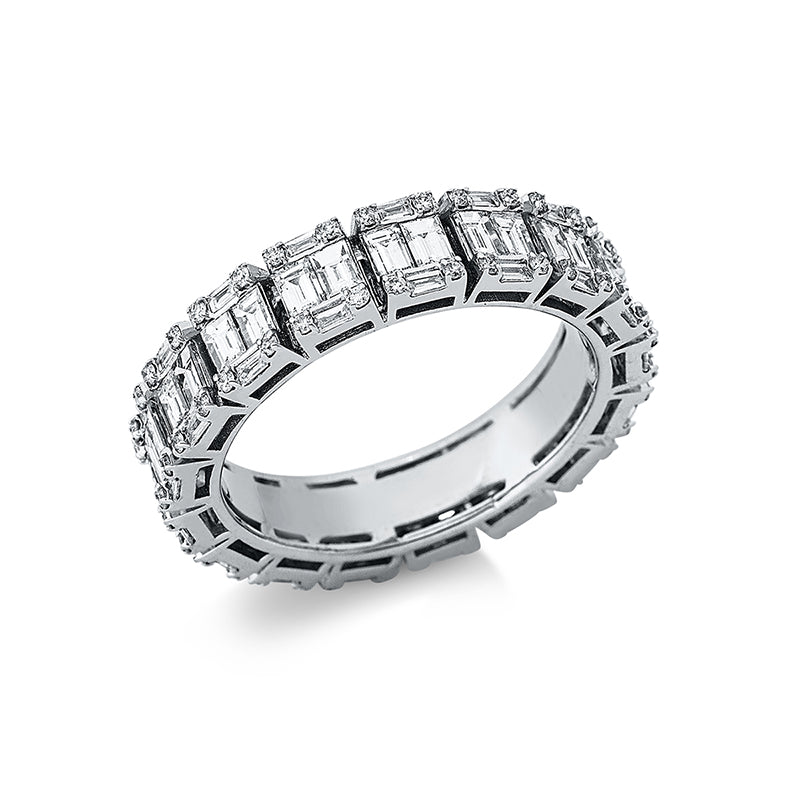 Ring 14 kt WG, 34 Bag. 0,25 ct, F-vsi, 34 Bag. 1,57 ct, F-vsi, 68 Brill. 0,25 ct, F-vsi