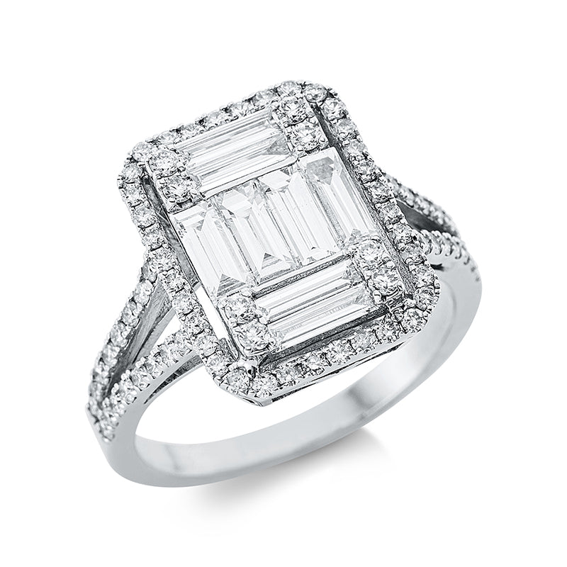 Ring 14 kt WG, 8 Brill. 0,12 ct, F-vsi, 8 Bag. 0,85 ct, F-vsi, 68 Brill. 0,44 ct, F-vsi