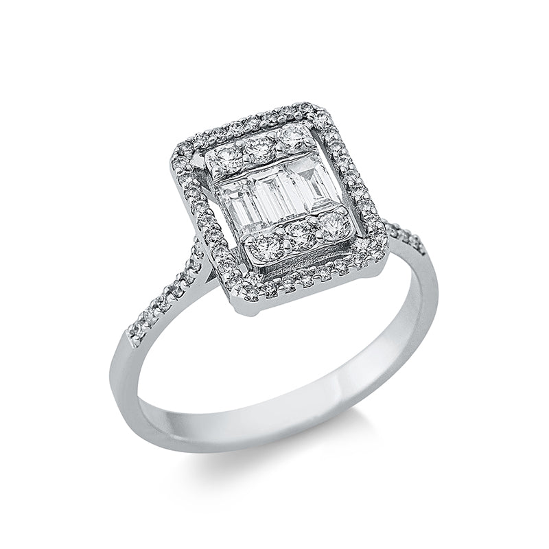 Ring 14 kt WG, 6 Brill. 0,09 ct, F-si, 3 Bag. 0,18 ct, F-vsi, 34 Brill. 0,26 ct, F-si