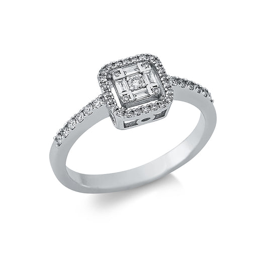 Ring 14 kt WG, 12 Brill. 0,11 ct, F-si, 1 Brill. 0,03 ct, F-si, 4 Bag. 0,07 ct, F-vsi, 27 Brill. 0,10 ct, F-si