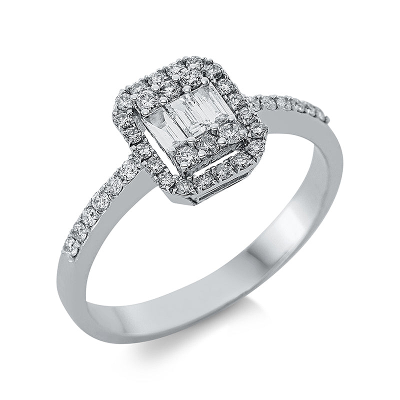 Ring 14 kt WG, 6 Brill. 0,06 ct, F-si, 3 Bag. 0,14 ct, F-vsi, 32 Brill. 0,25 ct, F-si