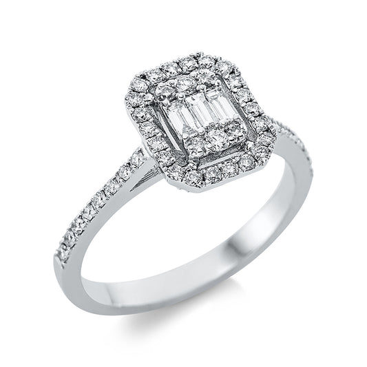 Ring 18 kt WG, 2 Brill. 0,04 ct, F-si, 3 Bag. 0,15 ct, F-vsi, 42 Brill. 0,33 ct, F-si