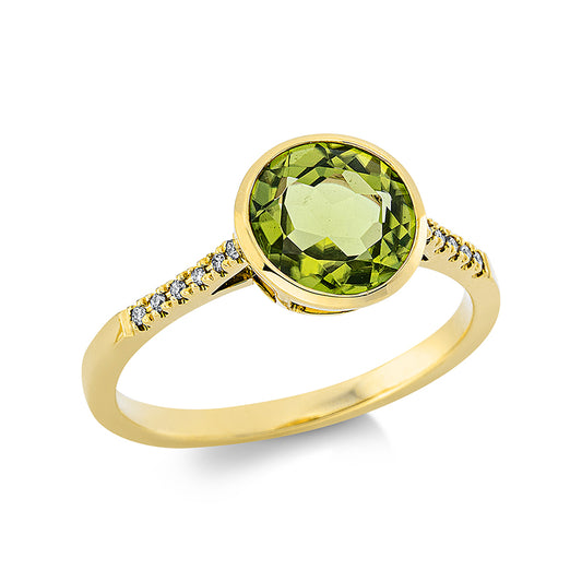 Ring 18 kt GG, 12 Brill. 0,06 ct, TW-si, 1 Peridot 2,40 ct grün