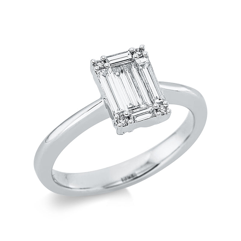 Ring 18 kt WG, 2 Bag. 0,06 ct, E-vsi, 4 Bag. 0,46 ct, E-vsi, 4 Brill. 0,03 ct, TW-si