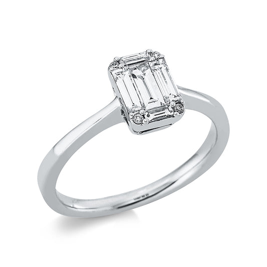 Ring 18 kt WG, 2 Bag. 0,07 ct, E-vsi, 3 Bag. 0,39 ct, E-vsi, 4 Brill. 0,02 ct, TW-si