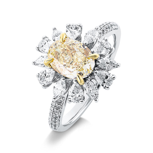 Ring 18 kt WG+GG, GIA2204652132, 6 Nav. 0,34 ct, F-si, 1 Oval 1,56 ct, gelb-si1, 30 Brill. 0,17 ct, TW-si, 6 Tropfen 0,45 ct, F-si
