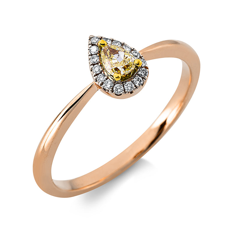 Ring 18 kt WG+GG+RG, 15 Brill. 0,07 ct, TW-si, 1 Tropfen 0,18 ct, gelb