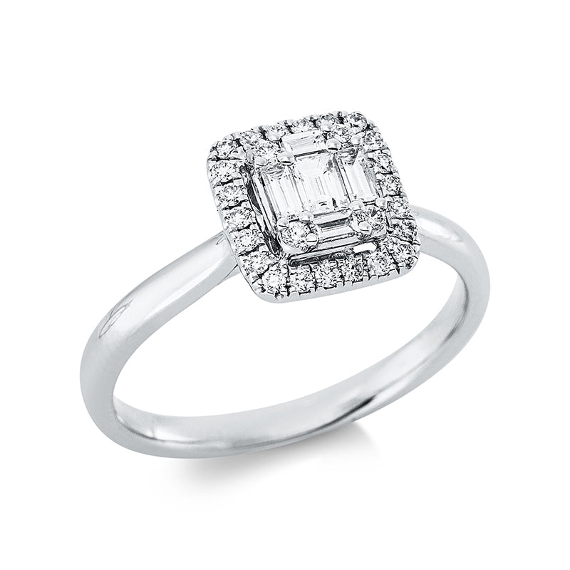 Ring 18 kt WG, 26 Brill. 0,17 ct, TW-si, 4 Trap. 0,13 ct, TW-si, 1 Bag. 0,08 ct, TW-vsi