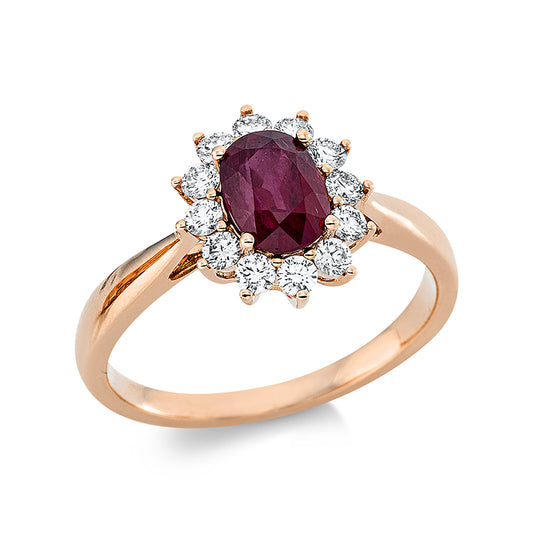 Ring 18 kt RG, 12 Brill. 0,39 ct, TW-si, 1 Rubin 1,27 ct rot