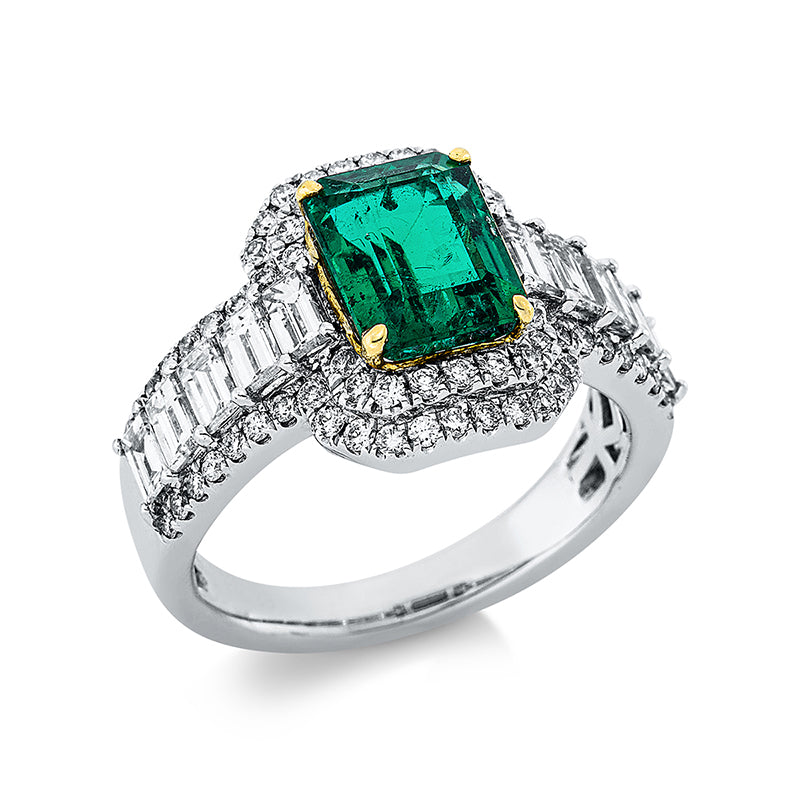 Ring 18 kt WG+GG, 10 Bag. 1,29 ct, TW-vsi/si, 70 Brill. 0,49 ct, TW-vsi/si, 1 Smaragd 2,12 ct grün