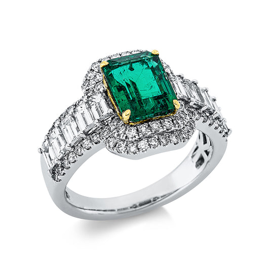 Ring 18 kt WG+GG, 10 Bag. 1,29 ct, TW-vsi/si, 70 Brill. 0,49 ct, TW-vsi/si, 1 Smaragd 2,12 ct grün