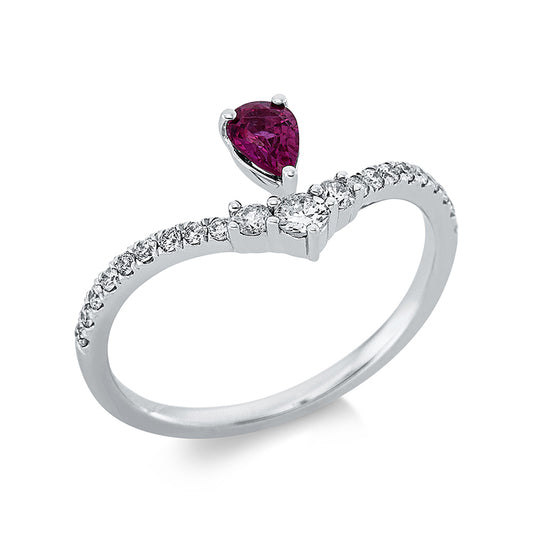 Ring 18 kt WG, 1 Brill. 0,07 ct, W-pi, 20 Brill. 0,19 ct, W-pi, 1 Rubin 0,35 ct rot