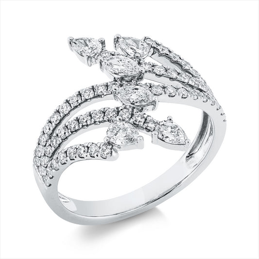 Ring 18 kt WG, 55 Brill. 0,46 ct, 2 Nav. 0,18 ct, 4 Tropfen 0,38 ct, 6 Brill. 0,04 ct, TW-si