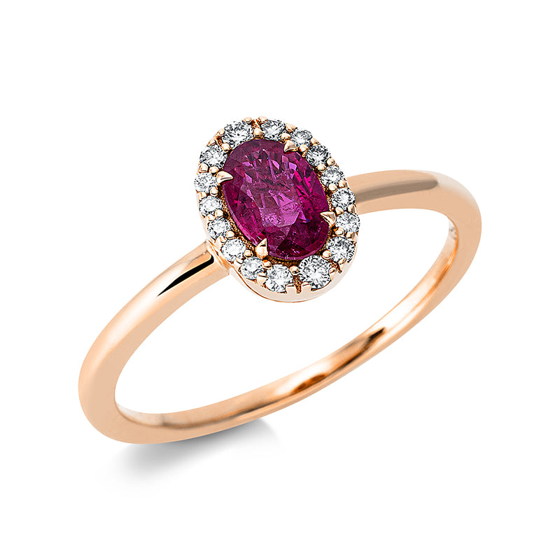 Ring 18 kt RG, 16 Brill. 0,12 ct, W-si, 1 Rubin 0,52 ct rot