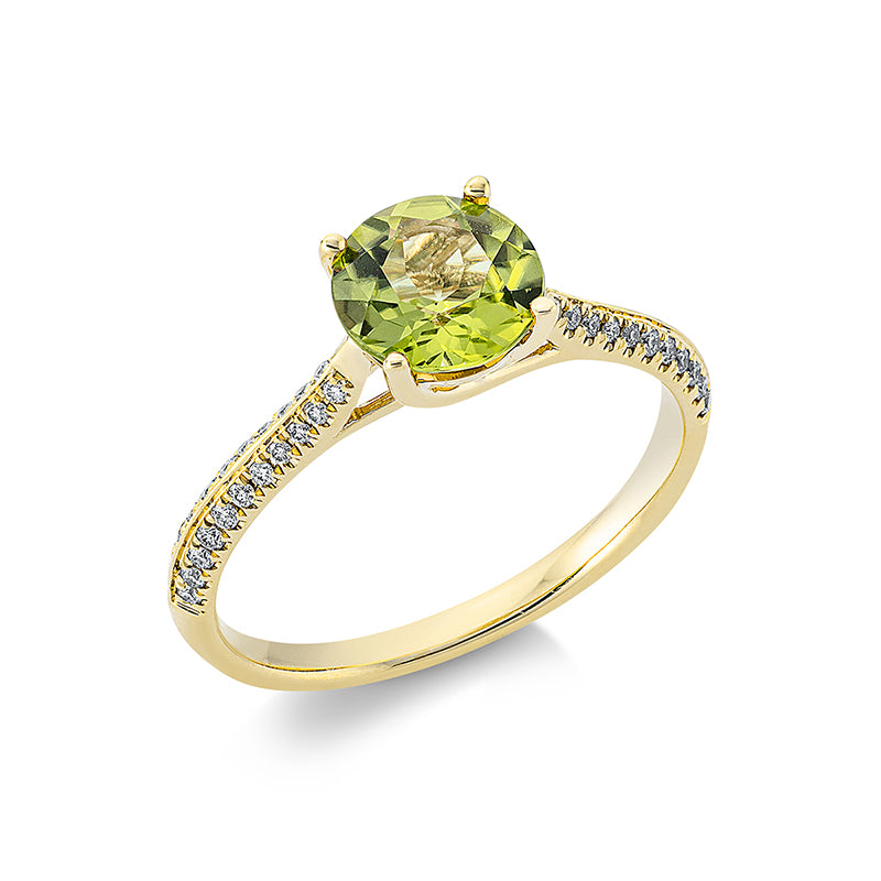 Ring 18 kt GG, 44 Brill. 0,14 ct, TW-si, 1 Peridot 1,51 ct grün