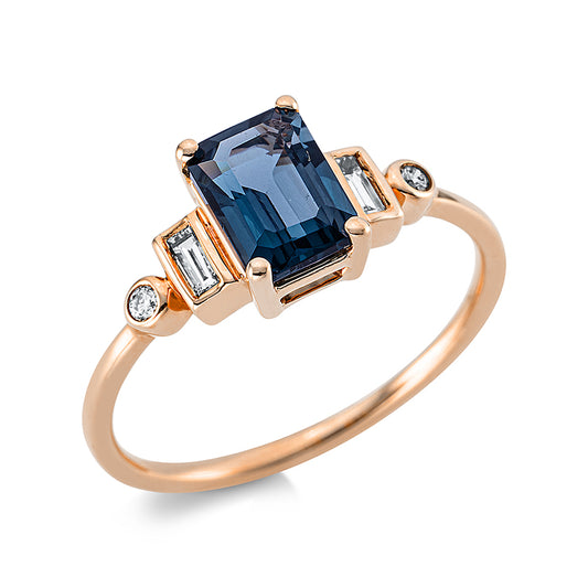 Ring 18 kt RG, 2 Brill. 0,03 ct, TW-si, 2 Bag. 0,09 ct, TW-si, 1 Topas 1,15 ct Lond. blue