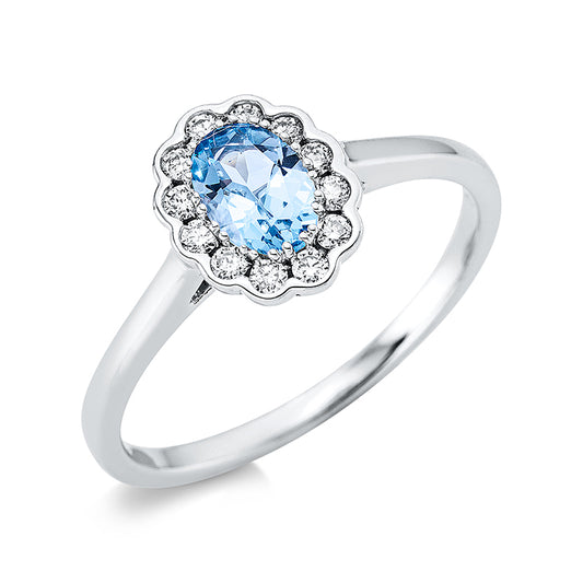 Ring 18 kt WG, 12 Brill. 0,15 ct, TW-si, 1 Topas 0,55 ct blau