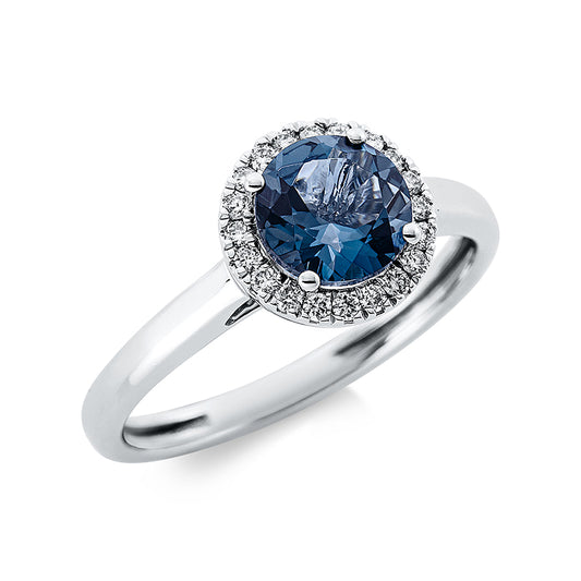 Ring 18 kt WG, 20 Brill. 0,12 ct, TW-si, 1 Topas 1,32 ct Lond. blue