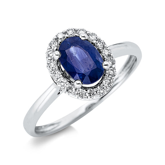 Ring 18 kt WG, 8 Brill. 0,08 ct, TW-si, 10 Brill. 0,12 ct, TW-si, 1 Saphir 0,90 ct blau