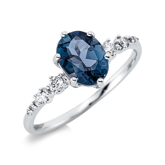 Ring 18 kt WG, 2 Brill. 0,07 ct, TW-si, 4 Dia. 0,01 ct, TW-si, 2 Brill. 0,04 ct, TW-si, 1 Topas 1,60 ct Lond. blue