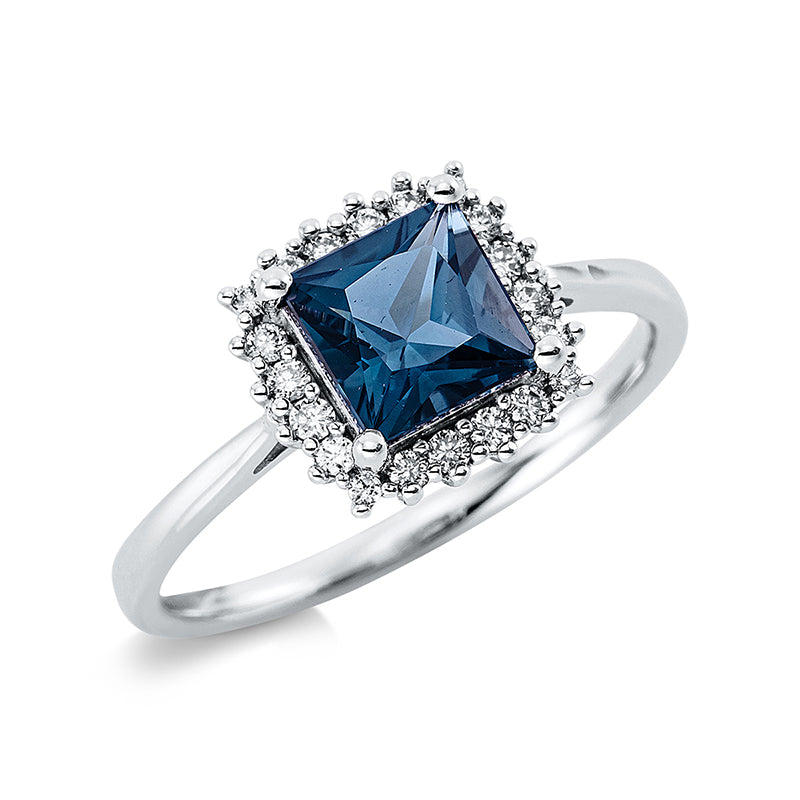 Ring 18 kt WG, 8 Brill. 0,06 ct, TW-si, 8 Brill. 0,08 ct, TW-si, 4 Brill. 0,02 ct, TW-si, 1 Topas 1,41 ct Lond. blue