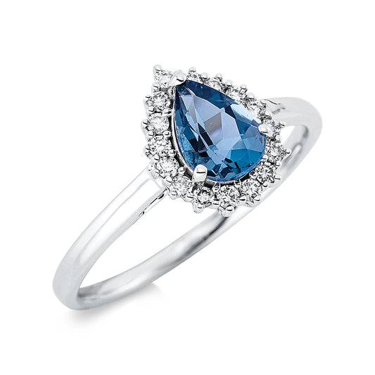 Ring 18 kt WG, 16 Brill. 0,16 ct, TW-si, 1 Topas 0,85 ct Lond. blue