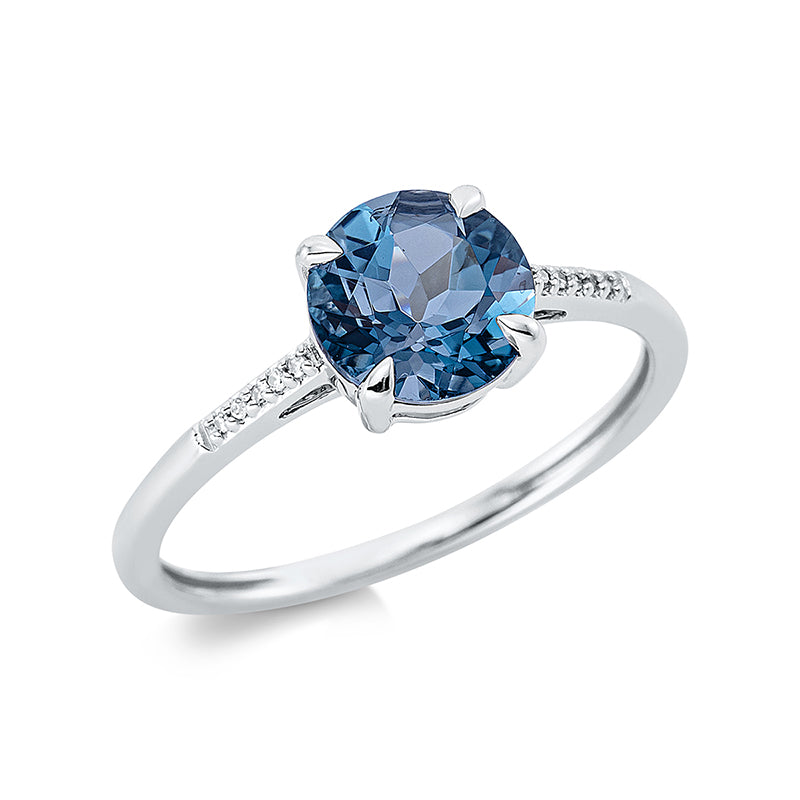 Ring 18 kt WG, 10 Dia. 0,02 ct, TW-si, 1 Topas 1,50 ct Lond. blue