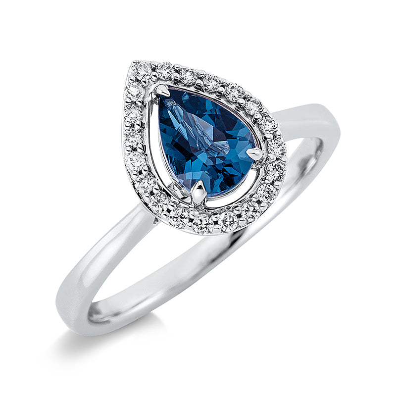 Ring 18 kt WG, 20 Brill. 0,12 ct, TW-si, 1 Topas 0,85 ct Lond. blue