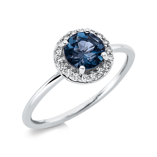 Ring 18 kt WG, 18 Brill. 0,11 ct, TW-si, 1 Topas 1,00 ct Lond. blue