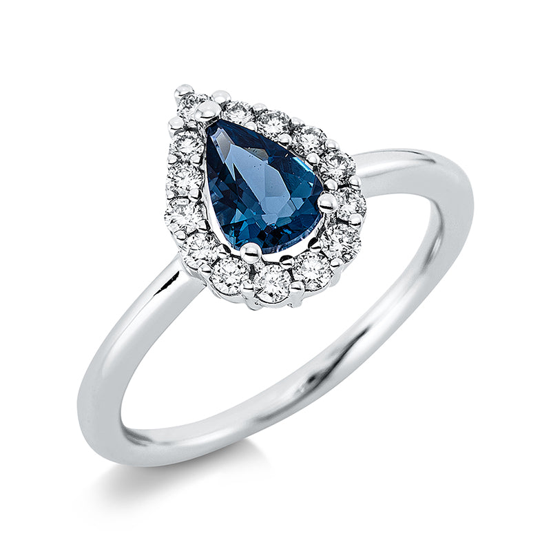 Ring 18 kt WG, 10 Brill. 0,19 ct, TW-si, 4 Brill. 0,06 ct, TW-si, 1 Topas 0,85 ct Lond. blue